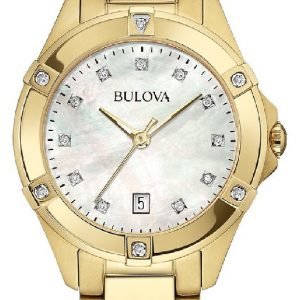 Bulova Diamond 97w100 Kello Valkoinen / Kullansävytetty Teräs