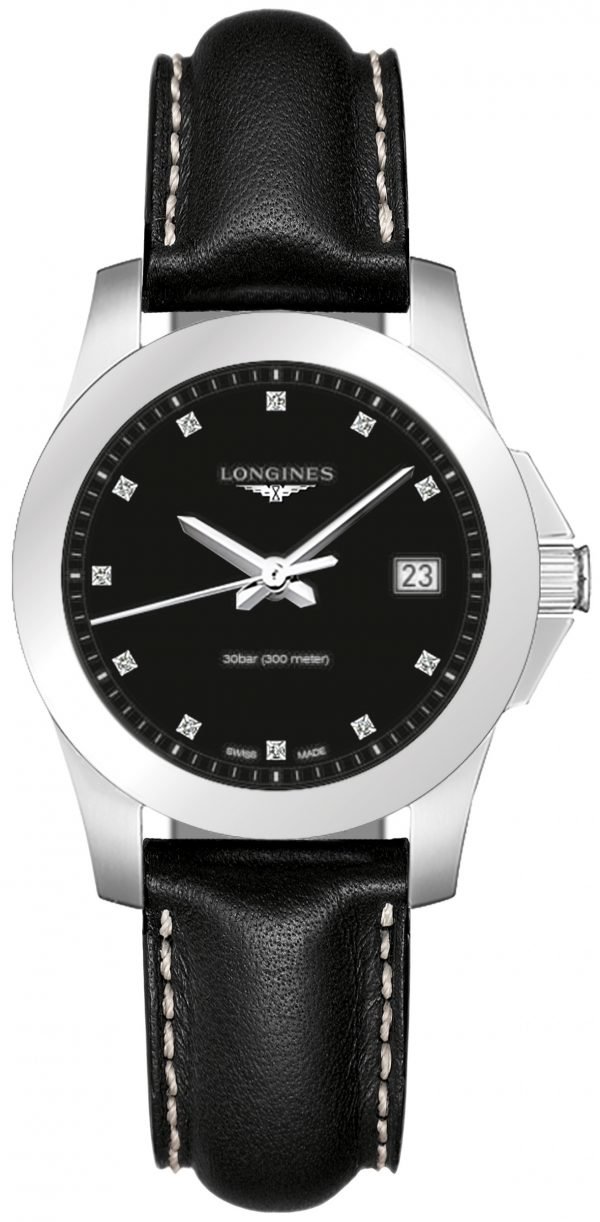 Longines Conquest Ladies L3.377.4.57.3 Kello Musta / Nahka