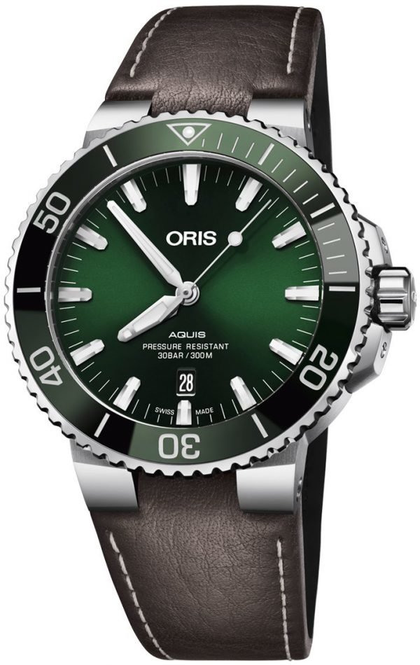 Oris Diving 01 733 7730 4157-07 5 24 10eb Kello Vihreä / Nahka